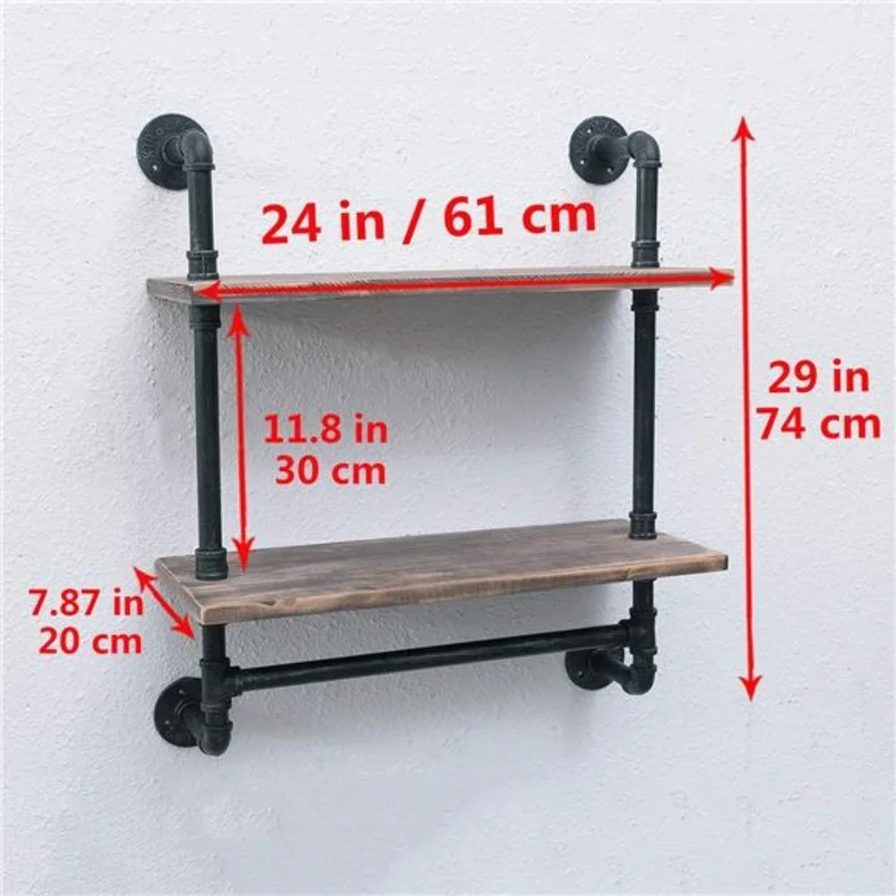 Industrial Bathroom Shelves Wall Mounted, 24in Rustic 2 Layer